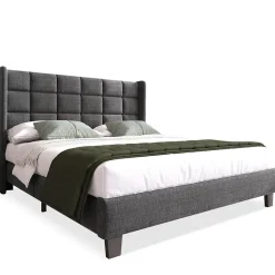 Redom Lit 140x200 cm tapissé en lin gris, tête de lit haute et rembourrée, sommier à lattes intégré, pieds noirs Online