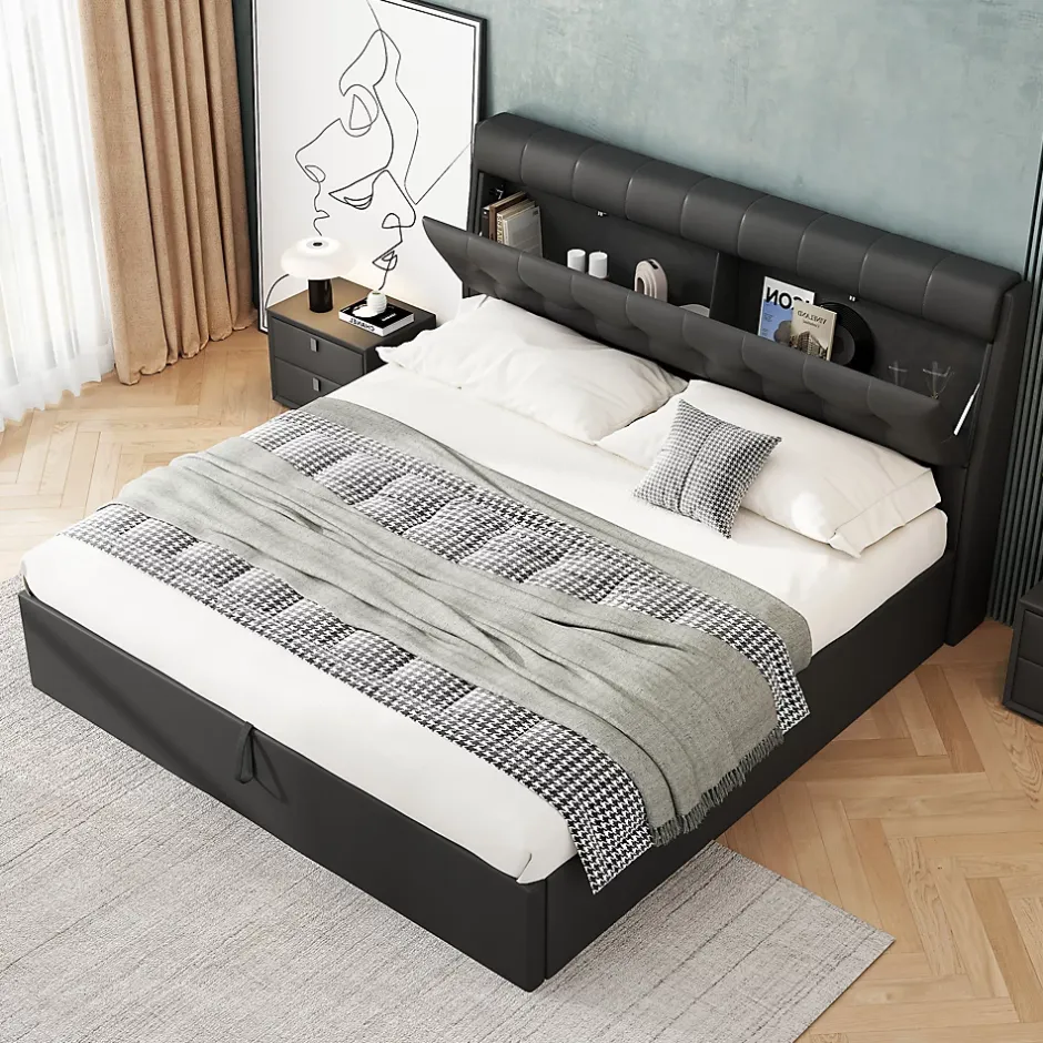 Redom Lit 160x200 cm tapissé en PU noir avec coffre de rangement hydraulique et tête de lit à rangement discret Sale