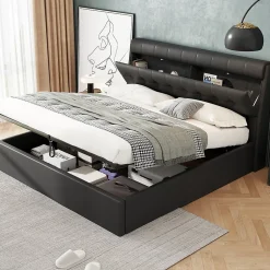 Redom Lit 160x200 cm tapissé en PU noir avec coffre de rangement hydraulique et tête de lit à rangement discret Sale