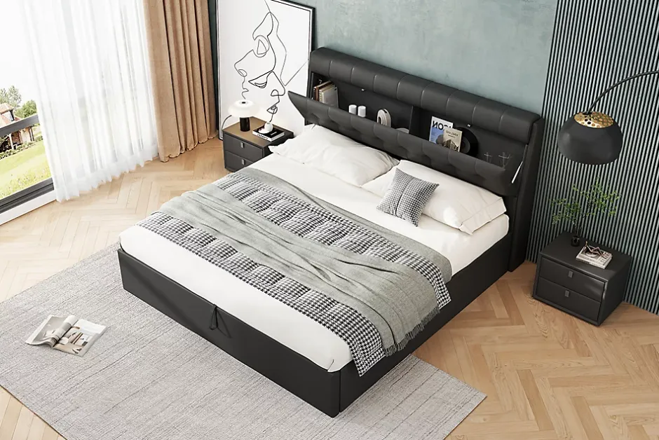 Redom Lit 160x200 cm tapissé en PU noir avec coffre de rangement hydraulique et tête de lit à rangement discret Sale