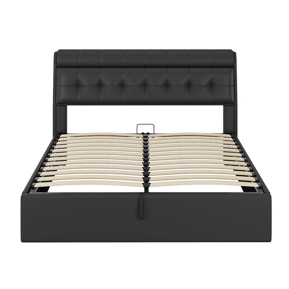 Redom Lit 160x200 cm tapissé en PU noir avec coffre de rangement hydraulique et tête de lit à rangement discret Sale