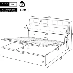 Redom Lit 160x200 cm tapissé en PU noir avec coffre de rangement hydraulique et tête de lit à rangement discret Sale