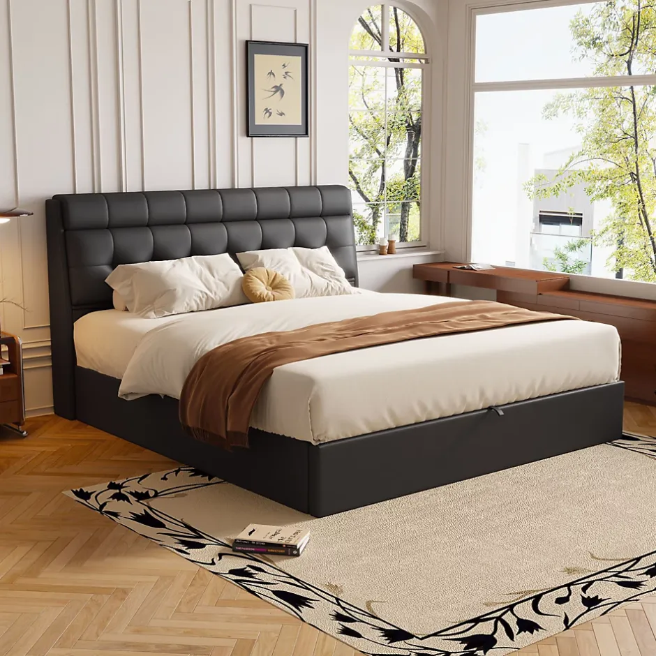 Redom Lit 160x200 cm tapissé en PU noir avec coffre de rangement hydraulique et tête de lit à rangement discret Sale