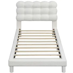 Redom Lit 90x200 cm tapissé en tissu peluche blanc avec tête de lit réglable 3 positions, structure MDF, style moderne et épuré Discount