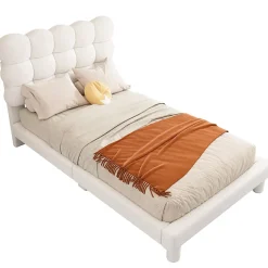 Redom Lit 90x200 cm tapissé en tissu peluche blanc avec tête de lit réglable 3 positions, structure MDF, style moderne et épuré Discount