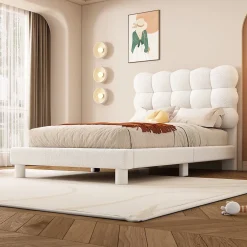Redom Lit 90x200 cm tapissé en tissu peluche blanc avec tête de lit réglable 3 positions, structure MDF, style moderne et épuré Discount