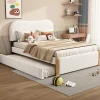 Redom Lit 140x200 cm tapissé en velours blanc avec lit gigogne rétractable et tête de lit minimaliste en MDF