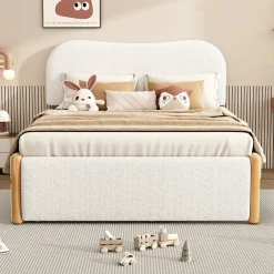 Redom Lit 140x200 cm tapissé en velours blanc avec lit gigogne rétractable et tête de lit minimaliste en MDF