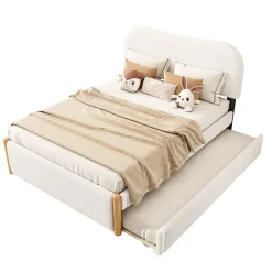 Redom Lit 140x200 cm tapissé en velours blanc avec lit gigogne rétractable et tête de lit minimaliste en MDF
