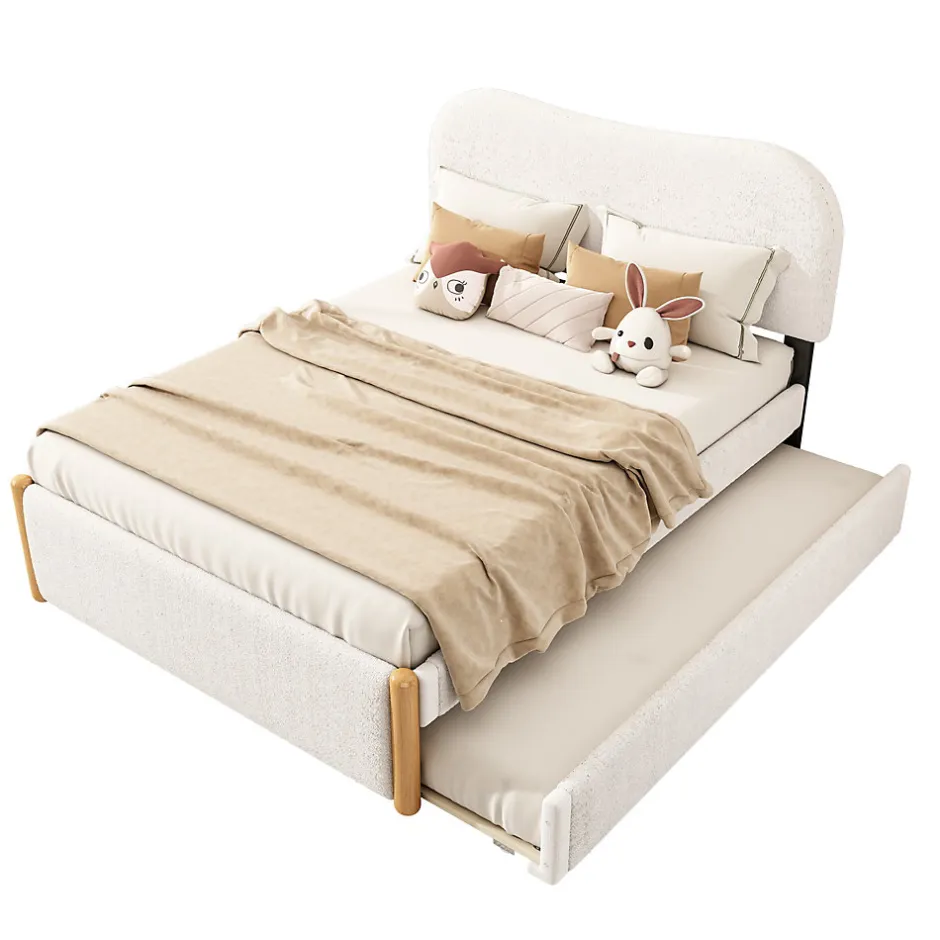 Redom Lit 140x200 cm tapissé en velours blanc avec lit gigogne rétractable et tête de lit minimaliste en MDF