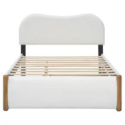 Redom Lit 140x200 cm tapissé en velours blanc avec lit gigogne rétractable et tête de lit minimaliste en MDF