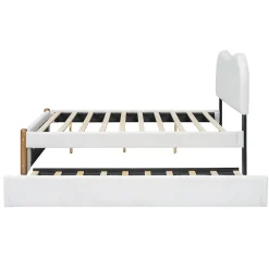 Redom Lit 140x200 cm tapissé en velours blanc avec lit gigogne rétractable et tête de lit minimaliste en MDF