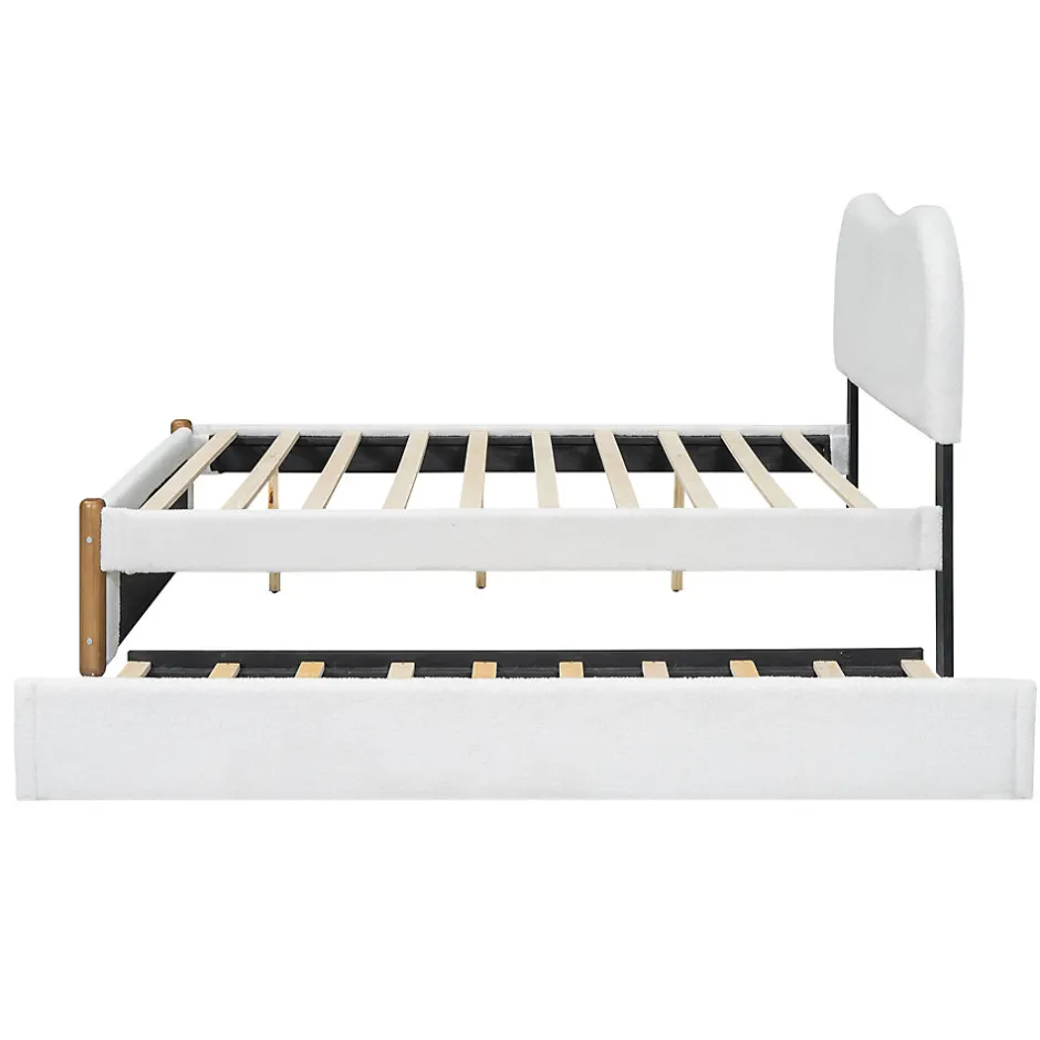 Redom Lit 140x200 cm tapissé en velours blanc avec lit gigogne rétractable et tête de lit minimaliste en MDF