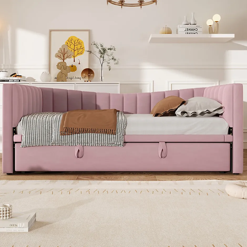 Redom Lit 90x200 cm tapissé en velours avec lit gigogne escamotable, convertible en sofa minimaliste rose