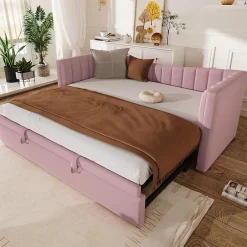 Redom Lit 90x200 cm tapissé en velours avec lit gigogne escamotable, convertible en sofa minimaliste rose