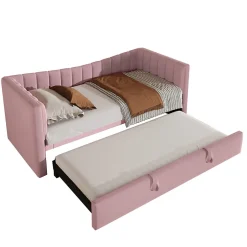Redom Lit 90x200 cm tapissé en velours avec lit gigogne escamotable, convertible en sofa minimaliste rose