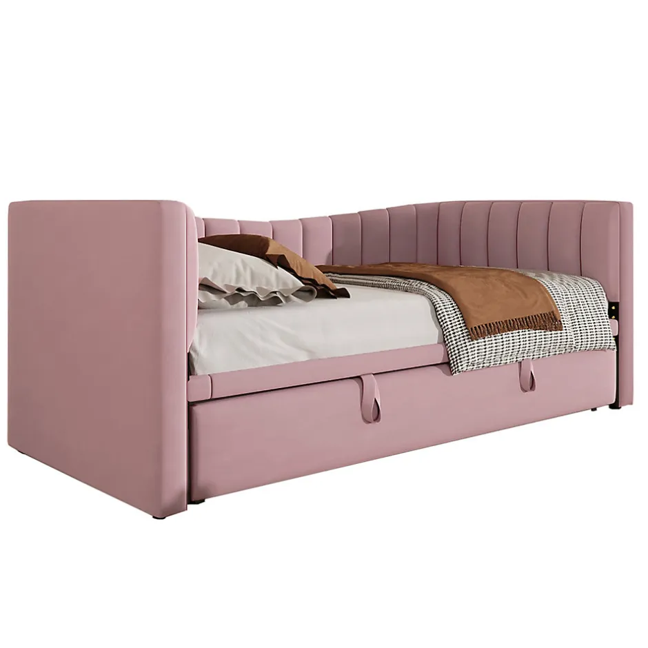 Redom Lit 90x200 cm tapissé en velours avec lit gigogne escamotable, convertible en sofa minimaliste rose