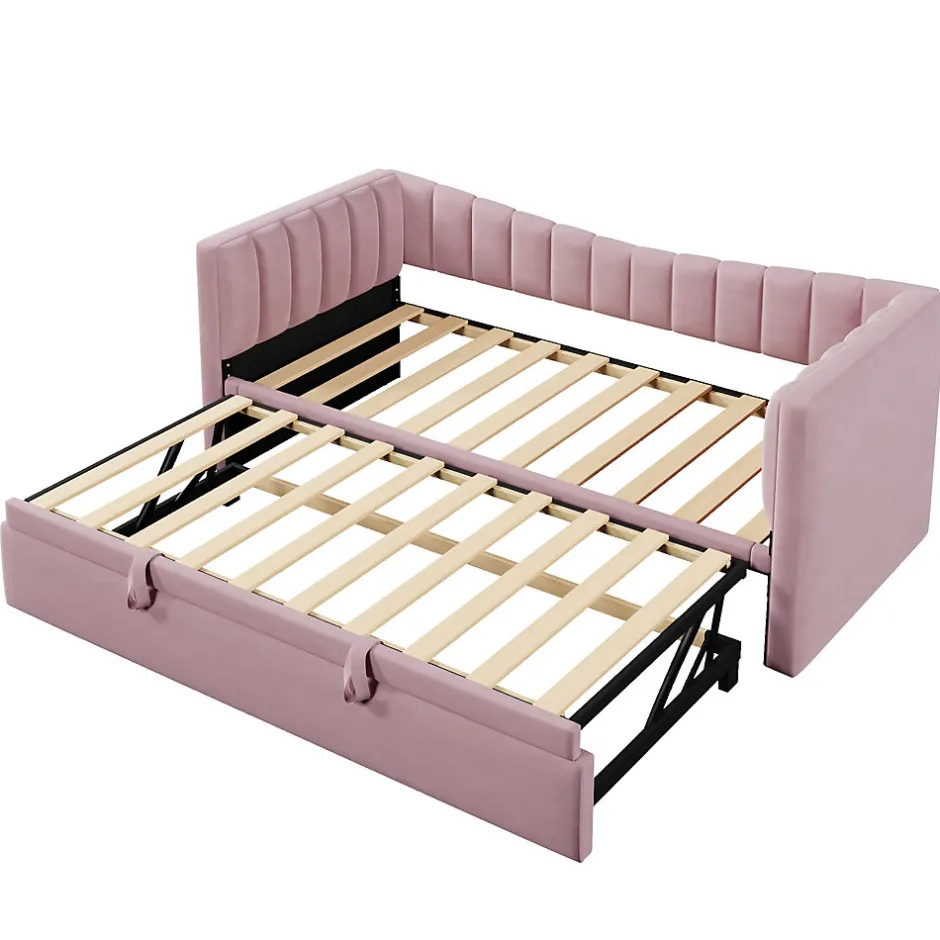 Redom Lit 90x200 cm tapissé en velours avec lit gigogne escamotable, convertible en sofa minimaliste rose