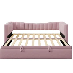 Redom Lit 90x200 cm tapissé en velours avec lit gigogne escamotable, convertible en sofa minimaliste rose