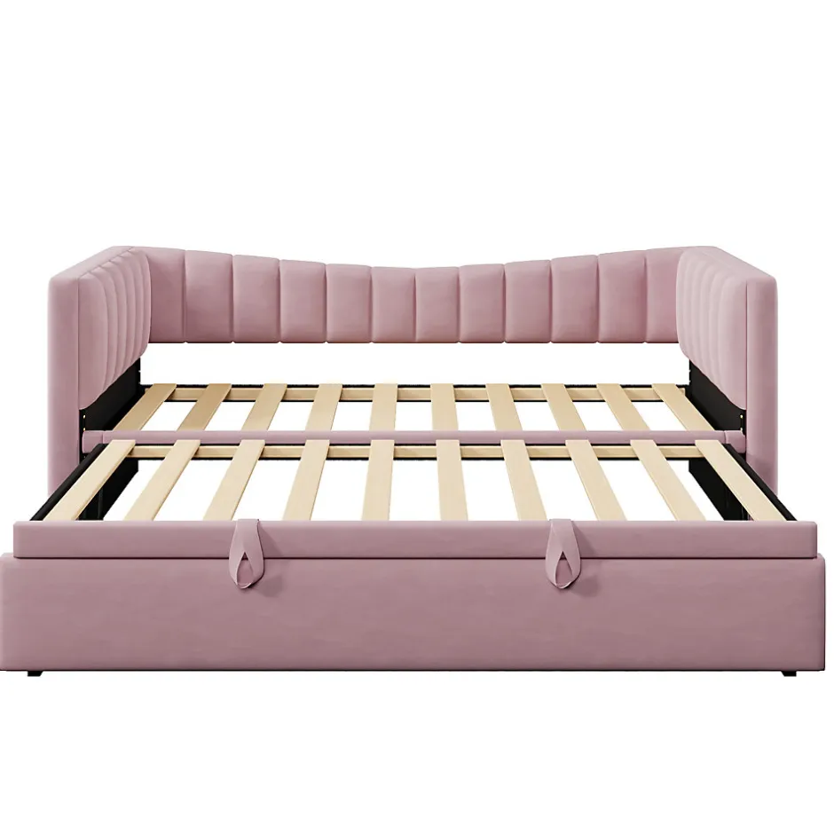 Redom Lit 90x200 cm tapissé en velours avec lit gigogne escamotable, convertible en sofa minimaliste rose