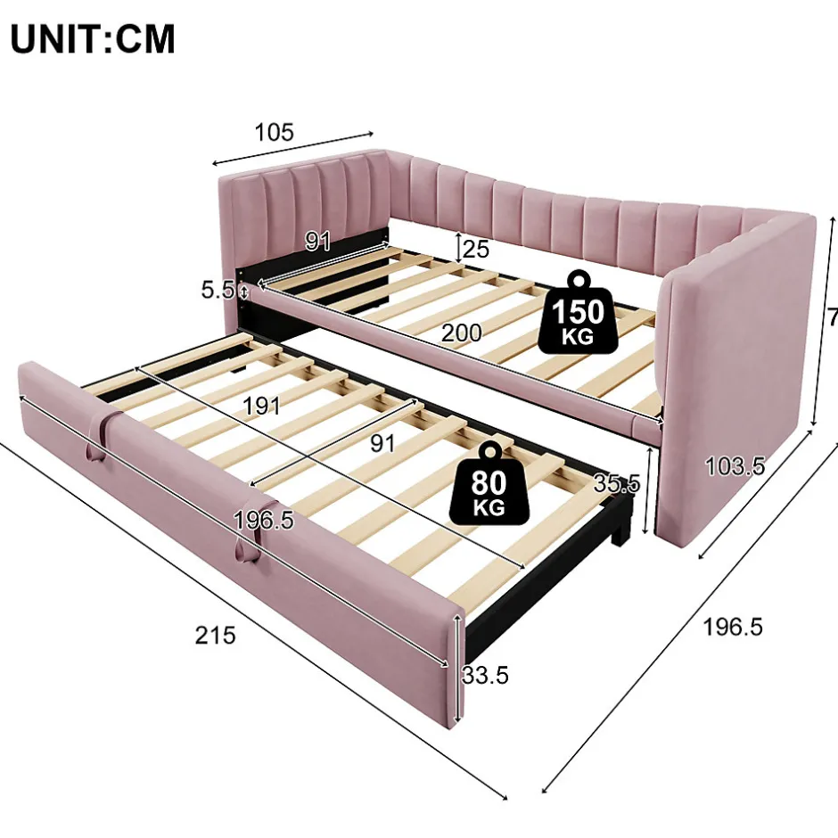 Redom Lit 90x200 cm tapissé en velours avec lit gigogne escamotable, convertible en sofa minimaliste rose
