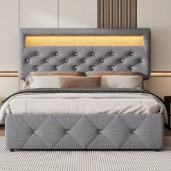 Redom Lit 140x200 cm tapissé gris avec 2 tiroirs, lit gigogne intégré et tête de lit réglable, design élégant