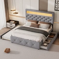 Redom Lit 140x200 cm tapissé gris avec 2 tiroirs, lit gigogne intégré et tête de lit réglable, design élégant