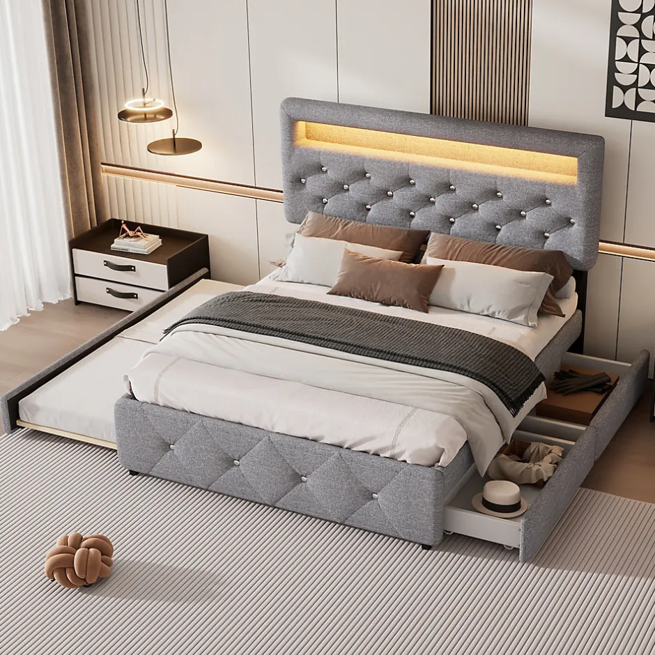 Redom Lit 140x200 cm tapissé gris avec 2 tiroirs, lit gigogne intégré et tête de lit réglable, design élégant