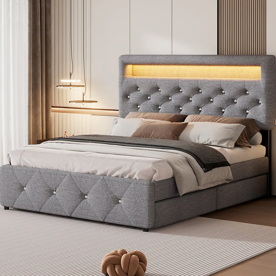 Redom Lit 140x200 cm tapissé gris avec 2 tiroirs, lit gigogne intégré et tête de lit réglable, design élégant