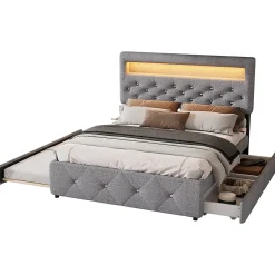 Redom Lit 140x200 cm tapissé gris avec 2 tiroirs, lit gigogne intégré et tête de lit réglable, design élégant