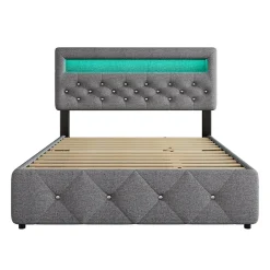 Redom Lit 140x200 cm tapissé gris avec 2 tiroirs, lit gigogne intégré et tête de lit réglable, design élégant