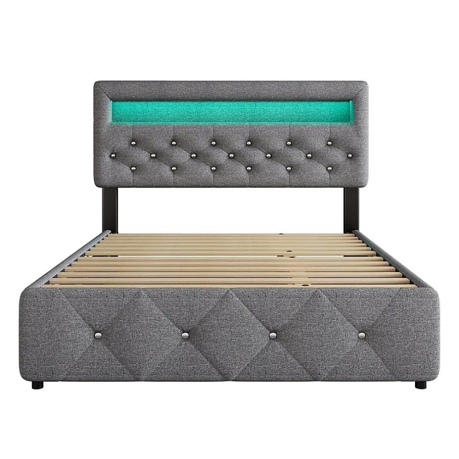 Redom Lit 140x200 cm tapissé gris avec 2 tiroirs, lit gigogne intégré et tête de lit réglable, design élégant