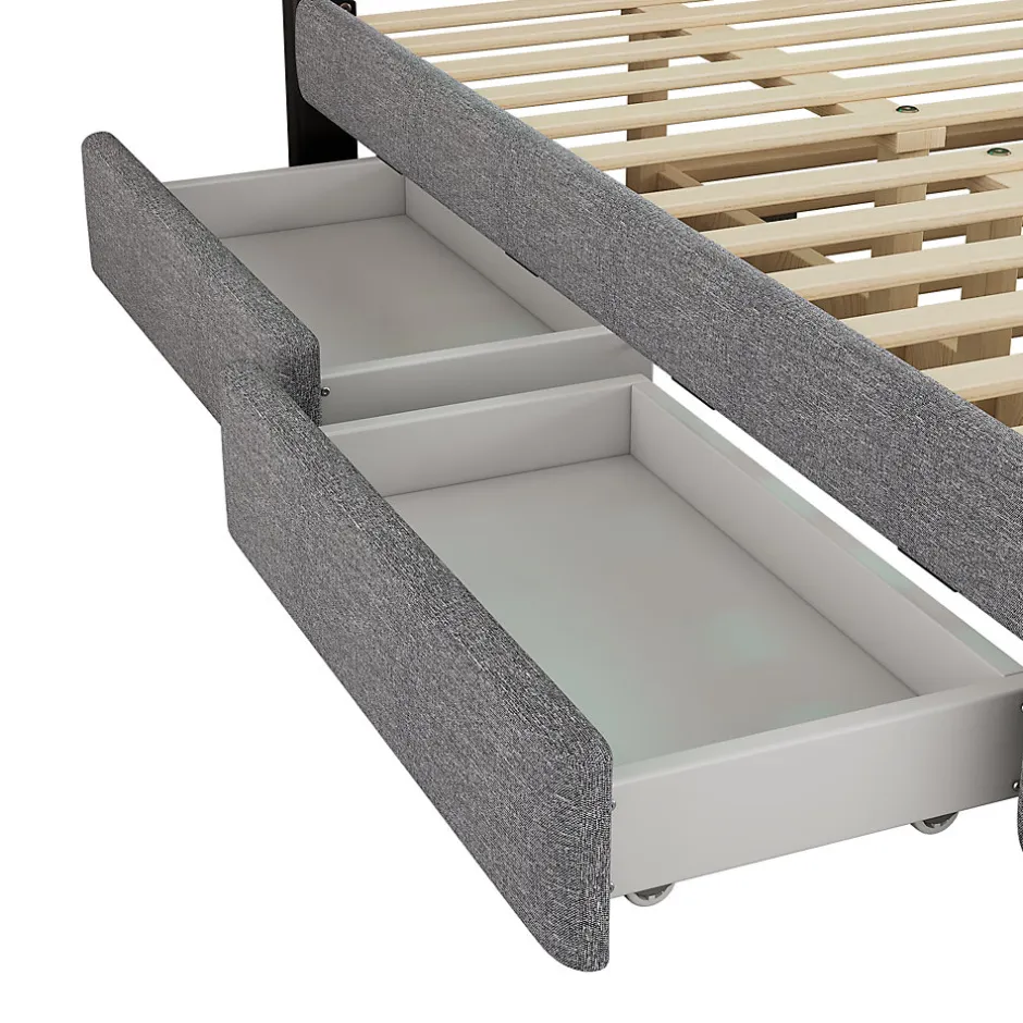 Redom Lit 140x200 cm tapissé gris avec 2 tiroirs, lit gigogne intégré et tête de lit réglable, design élégant