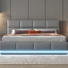 Redom Lit 160x200 cm tapissé gris avec tête de lit rembourrée, coffre de rangement hydraulique et éclairage LED