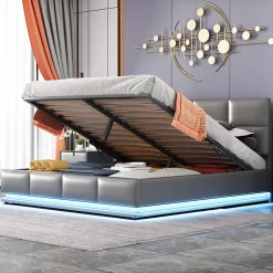 Redom Lit 160x200 cm tapissé gris avec tête de lit rembourrée, coffre de rangement hydraulique et éclairage LED