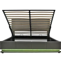 Redom Lit 160x200 cm tapissé gris avec tête de lit rembourrée, coffre de rangement hydraulique et éclairage LED