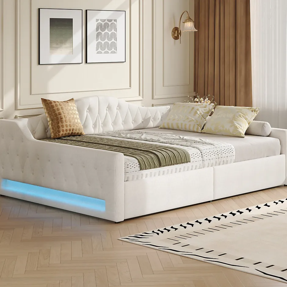 Redom Lit 140x200 cm tapissé lin avec grand rangement sous sommier et bande led 7 couleurs, finition beige élégante