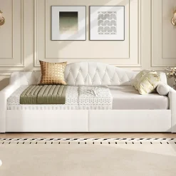 Redom Lit 140x200 cm tapissé lin avec grand rangement sous sommier et bande led 7 couleurs, finition beige élégante