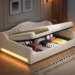 Redom Lit 140x200 cm tapissé lin avec grand rangement sous sommier et bande led 7 couleurs, finition beige élégante