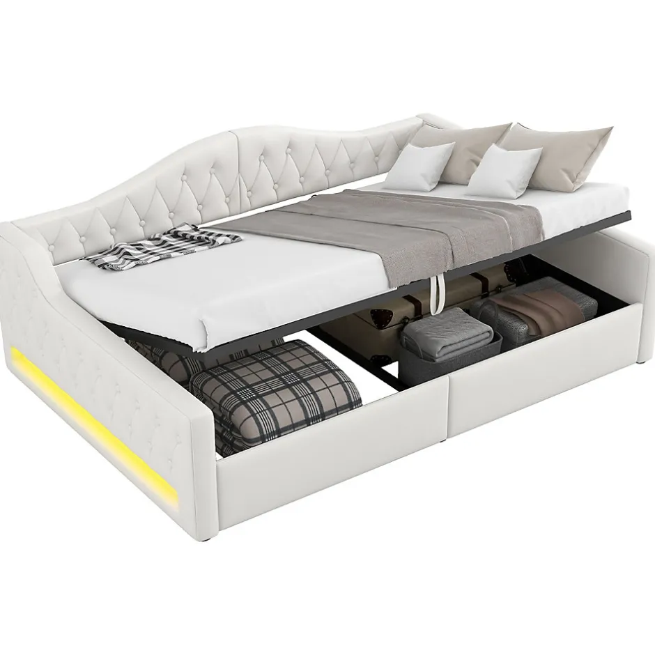 Redom Lit 140x200 cm tapissé lin avec grand rangement sous sommier et bande led 7 couleurs, finition beige élégante