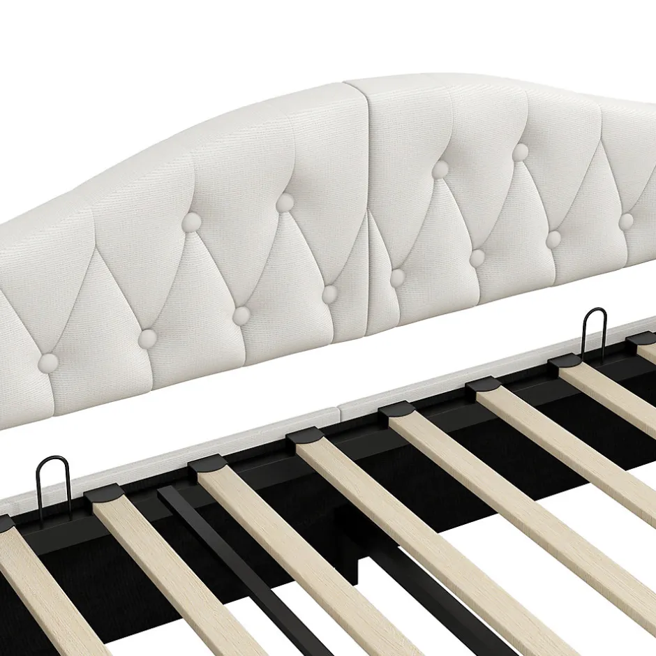 Redom Lit 140x200 cm tapissé lin avec grand rangement sous sommier et bande led 7 couleurs, finition beige élégante