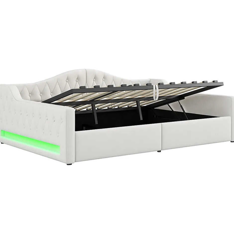 Redom Lit 140x200 cm tapissé lin avec grand rangement sous sommier et bande led 7 couleurs, finition beige élégante