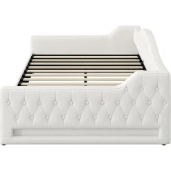 Redom Lit 140x200 cm tapissé lin avec grand rangement sous sommier et bande led 7 couleurs, finition beige élégante