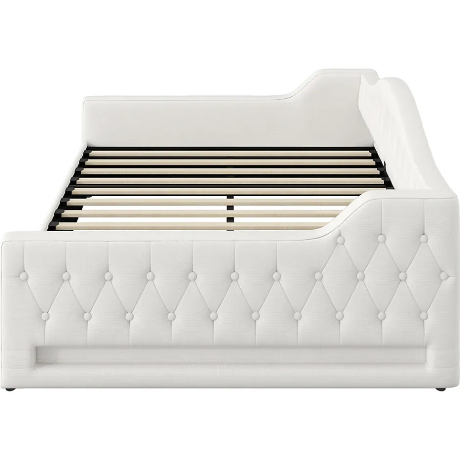 Redom Lit 140x200 cm tapissé lin avec grand rangement sous sommier et bande led 7 couleurs, finition beige élégante