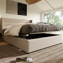 Redom Lit 160x200 cm tapissé lin beige avec coffre de rangement hydraulique, tête de lit rembourrée et cadre robuste Hot