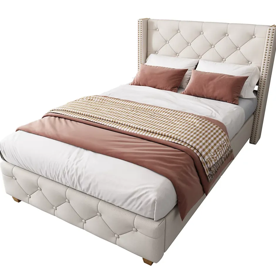Redom Lit 90x200 cm tapissé lin beige avec tête de lit capitonnée, clous décoratifs et pieds en bois renforcés Best