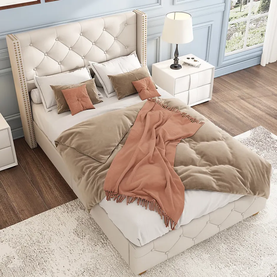 Redom Lit 90x200 cm tapissé lin beige avec tête de lit capitonnée, clous décoratifs et pieds en bois renforcés Best
