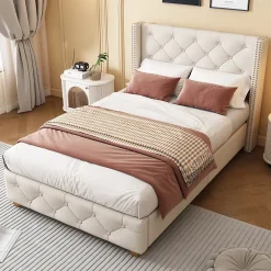 Redom Lit 90x200 cm tapissé lin beige avec tête de lit capitonnée, clous décoratifs et pieds en bois renforcés Best