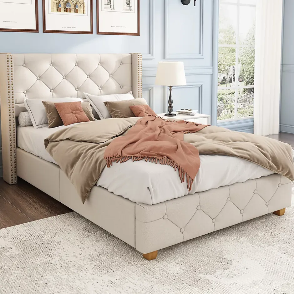 Redom Lit 90x200 cm tapissé lin beige avec tête de lit capitonnée, clous décoratifs et pieds en bois renforcés Best