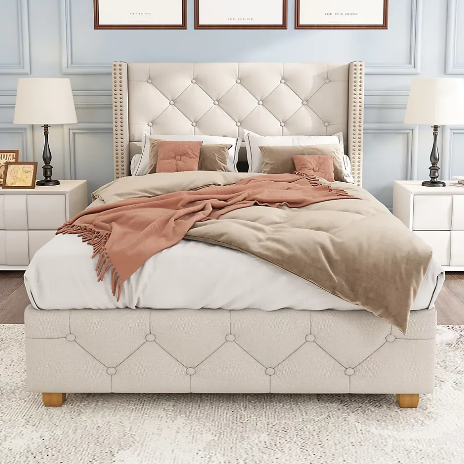 Redom Lit 90x200 cm tapissé lin beige avec tête de lit capitonnée, clous décoratifs et pieds en bois renforcés Best
